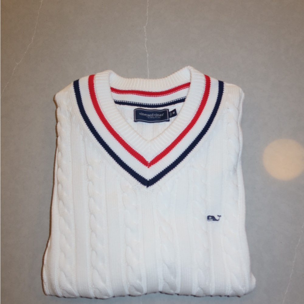 Vineyard Vines White V-Neck Sweater with Red and Blue Trim - Picture 2 of 2